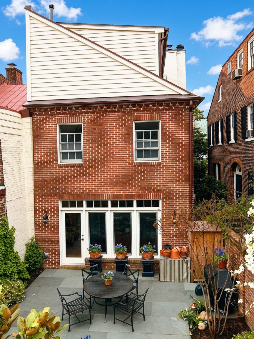 A two-story red brick courtyard addition with cream clapboard above and French doors opening onto a stone patio.
