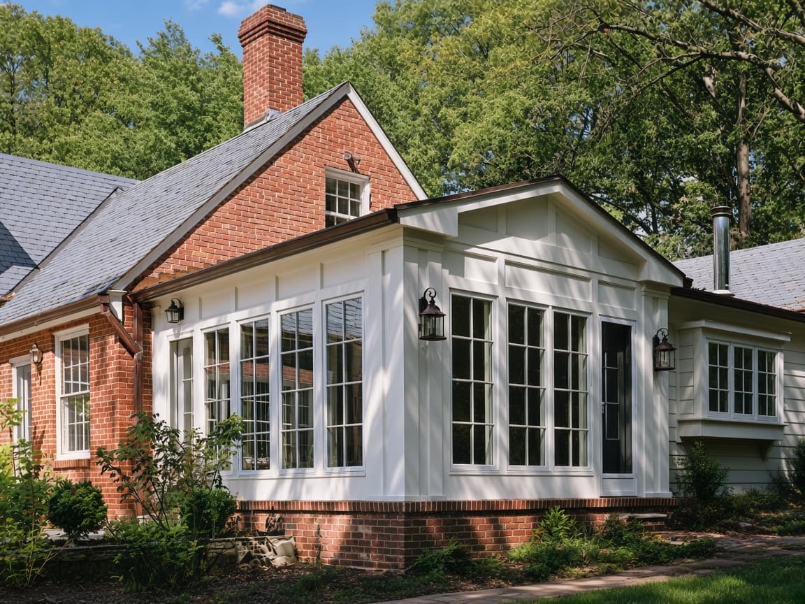 A white sunroom addition on a red brick house, with a slate roof, tall chimney, and multi-pane windows.