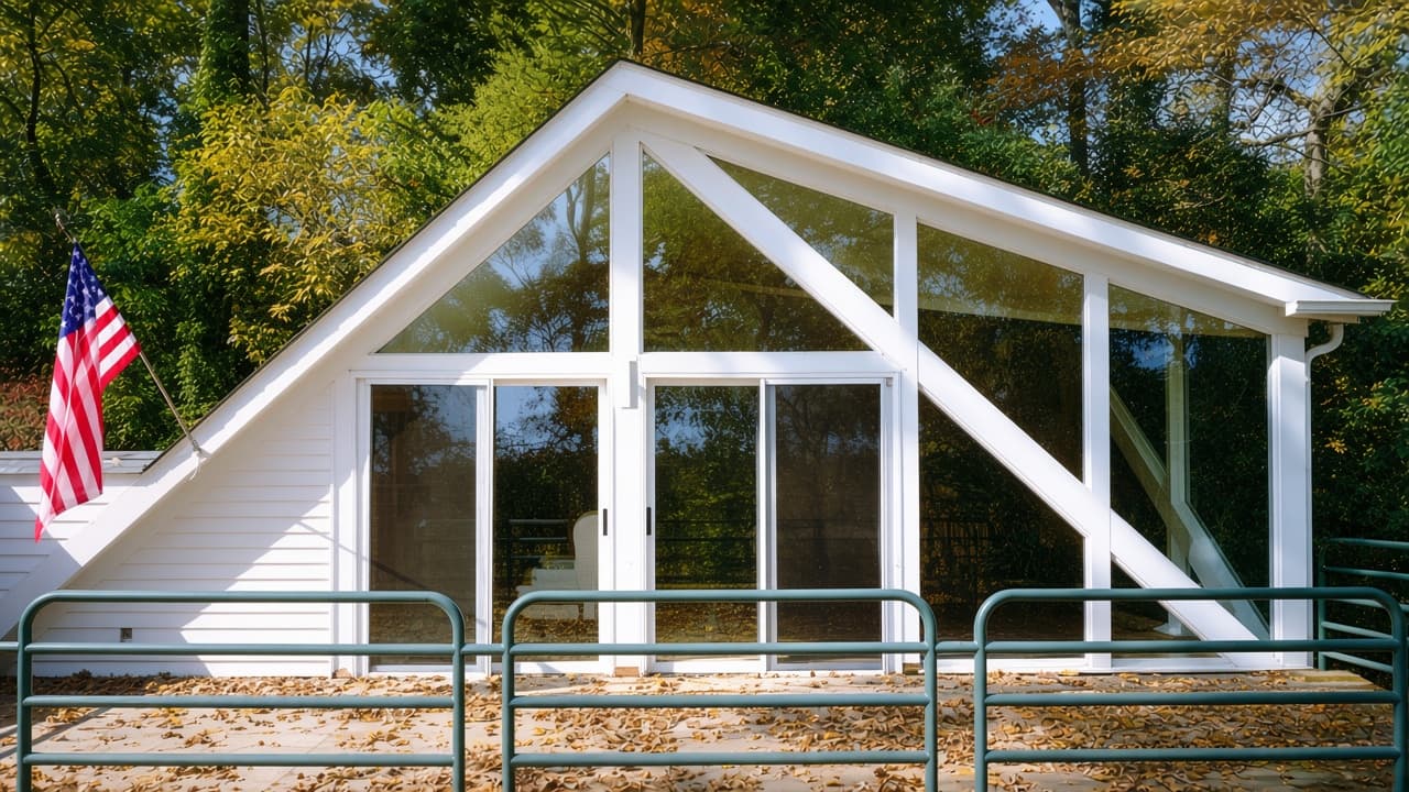 A white detached studio with a steep glass gable, timber braces, and an American flag, built by Nautilus.