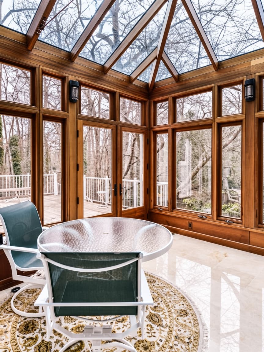 A wood-framed garden room with a glass pyramid ceiling, French doors, and a round table on a stone floor.